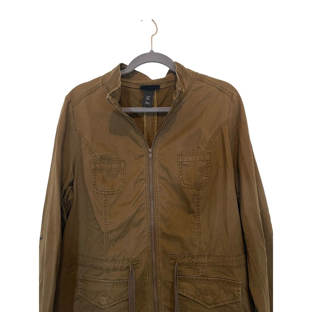 Lane Bryant Women 14/16 Military Safari Jacket Brown Zip Up Roll Tab Sleeves - Picture 8 of 9